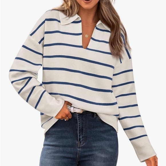 Tops - Striped Collared V-Neck Sweater Top - White & Navy - Size Medium